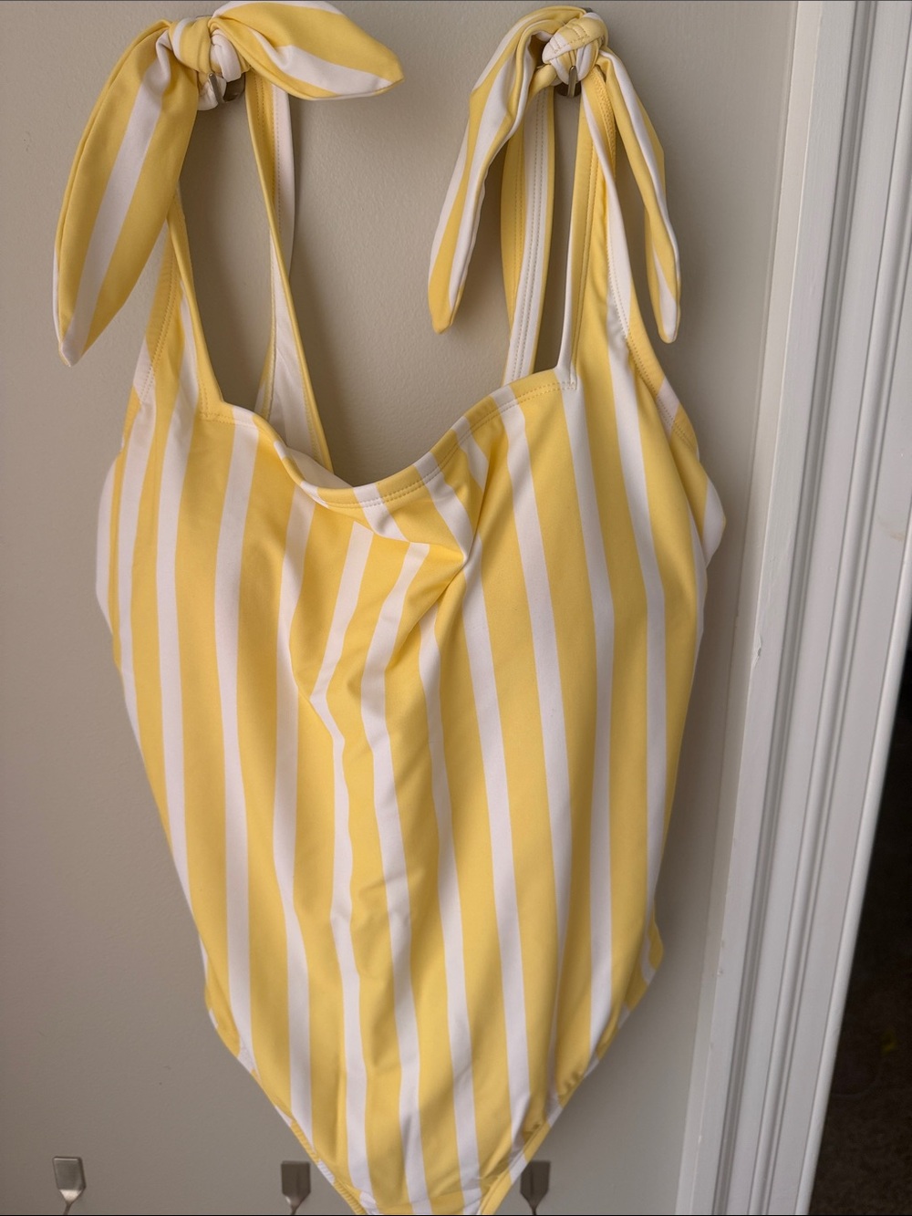 Kona Sol Yellow and White Striped Tie-Shoulder Swimsuit
